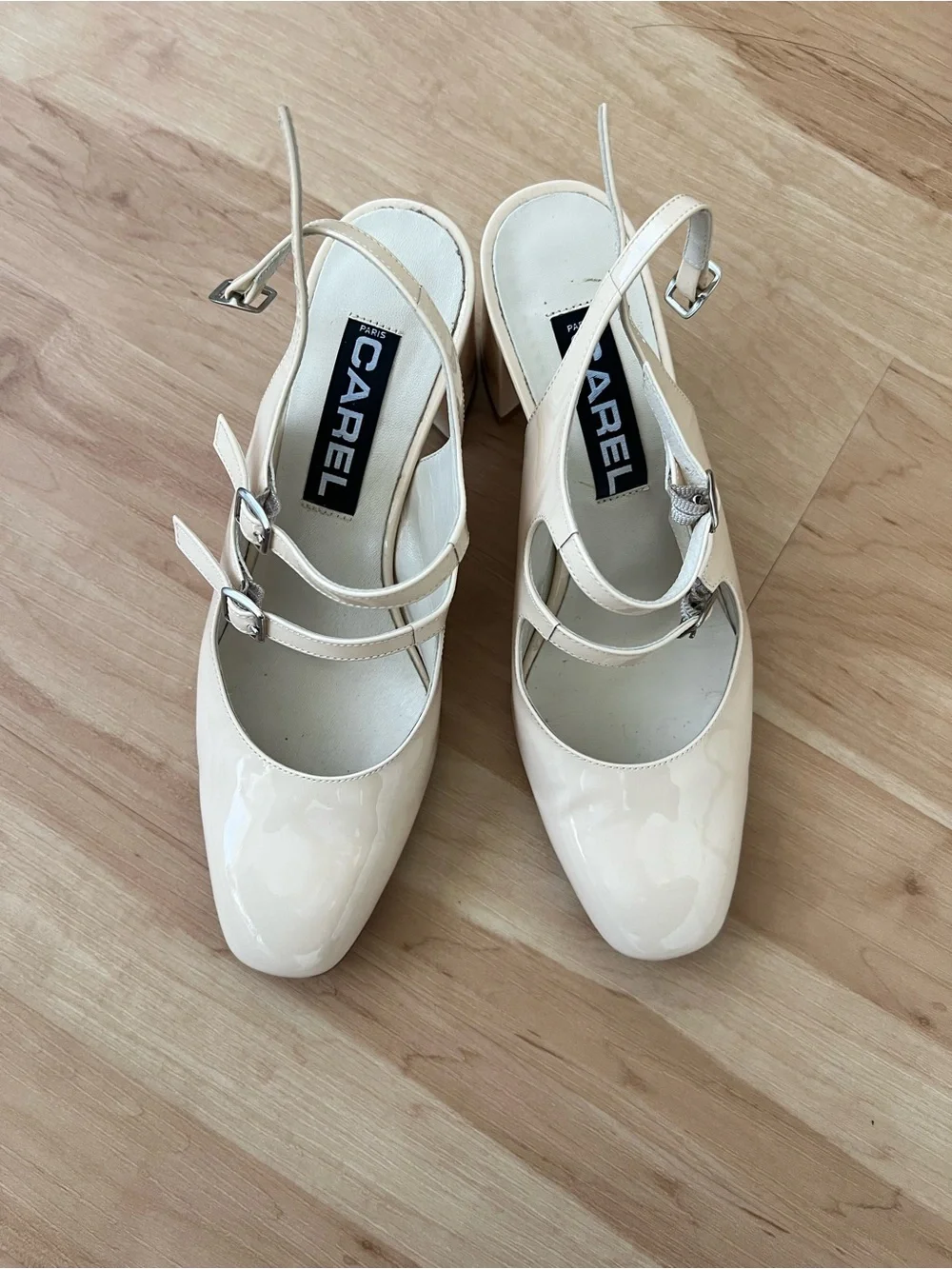 CAREL Paris Cream Patent Mary Jane Slingback Heels with Double Straps - Picture 2 of 5